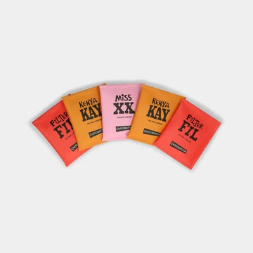 A fan of five colourful Caffenation coffee bags