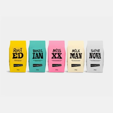 Five Caffenation coffee bags lined up in different colours