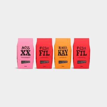Four colourful Caffenation coffee bags — Miss XX, Filter Fil and Kenya Kay — on a pale background